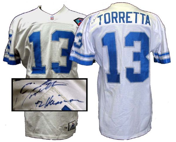 1994 Gino Torretta Detroit Lions Autographed Game-Used Road Jersey