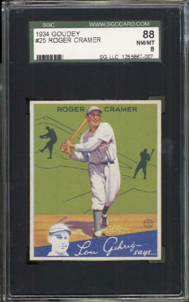 1934 Goudey #25 Roger Cramer SGC 88 NM/MT 8