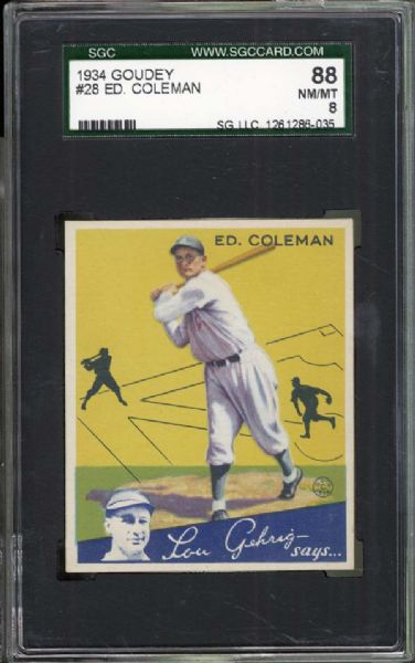 1934 Goudey #28 Ed Coleman SGC 88 NM/MT 8