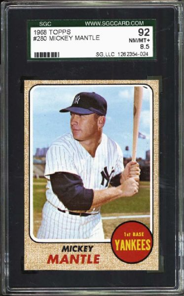 1968 Topps #280 Mickey Mantle SGC 92 NM/MT+ 8.5