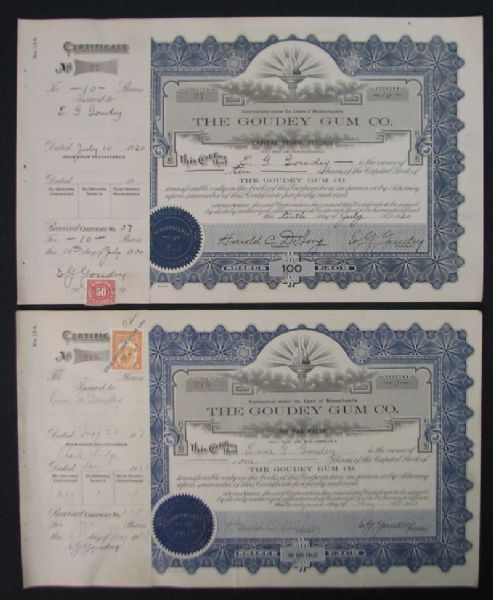 1920s Group of Two Goudey Gum Co. Stock Certificates Signed by E. G. Goudey and Harold DeLong