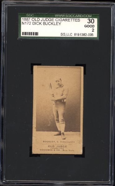 1887 N172 Old Judge Dick Buckley Bat At Ready, Nearly Vertical-C. Ind SGC 30 GOOD 2