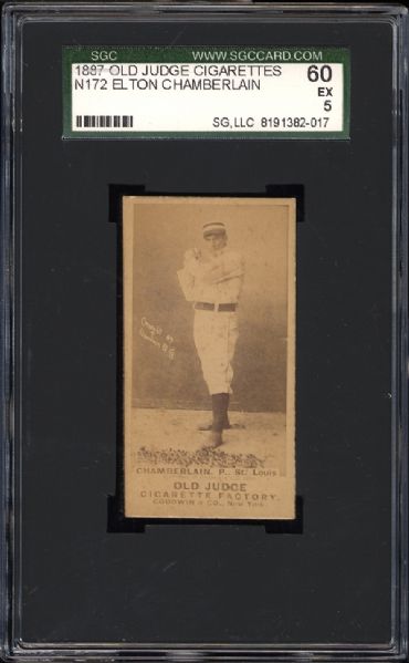 1887 N172 Old Judge Elton Chamberlain Ready To Pitch, Hands Neck High SGC 60 EX 5