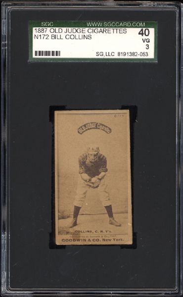 1887 N172 Old Judge Bill Collins Catching Ball Waist High, In Mask SGC 40 VG 3