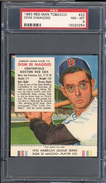 1953 Red Man Tobacco #22 Dom DiMaggio PSA 8 NM/MT