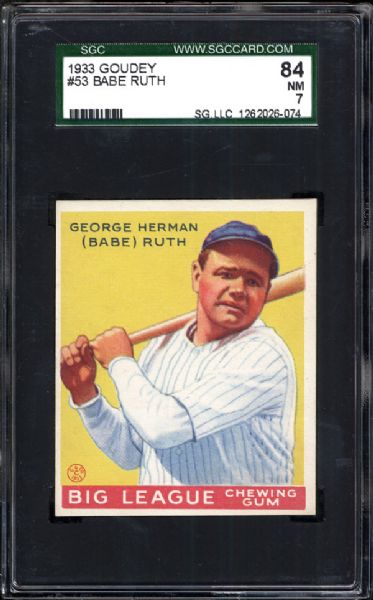 1933 Goudey #53 Babe Ruth SGC 84 NM 7