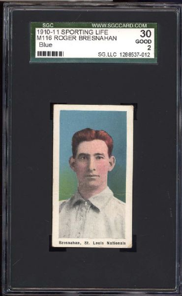 1910-11 M116 Sporting Life Roger Bresnahan Blue Background SGC 30 GOOD 2