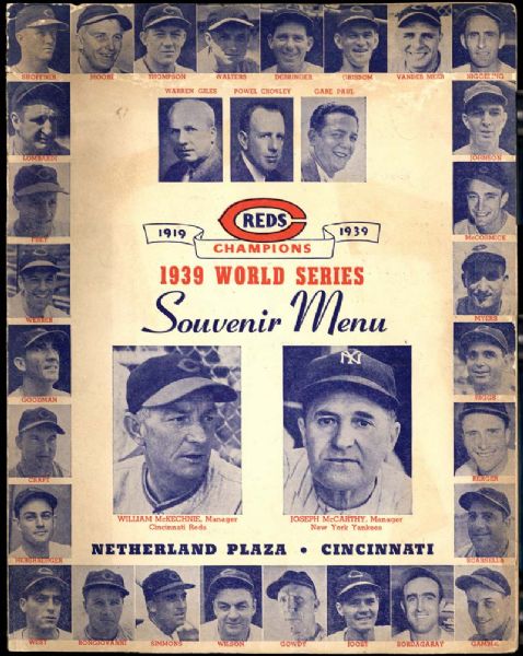 1939 World Series Cincinnati Reds Souvenir Menu