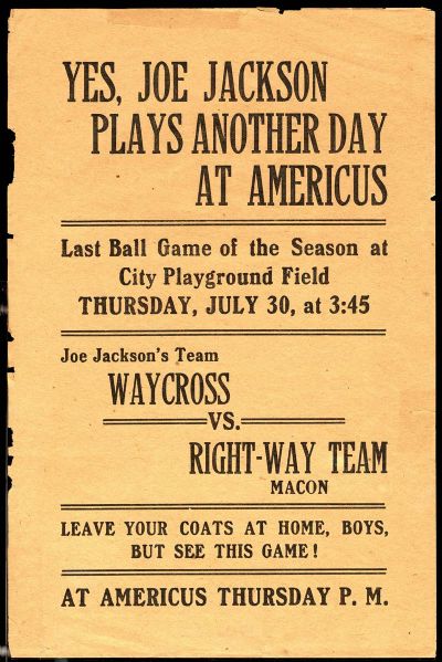 1920s Advertisement to Watch Waycross with Joe Jackson Play a Ball Game