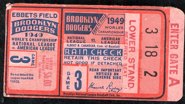 1949 World Series Ticket Stub Game 3 Yankees/Dodgers