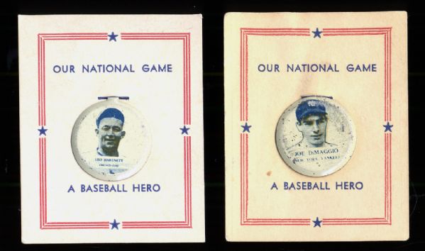 1938 PM8 Our National Game Pins Group of (2) with Hartnett and DiMaggio