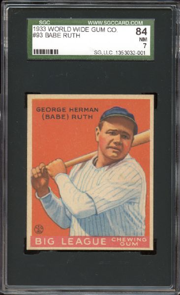 1933 World Wide Gum #93 Babe Ruth SGC 84 NM 7 The Highest Graded Example On The SGC Population Report