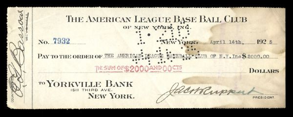 Jacob Ruppert and Ed Barrow Multi-Signed Check