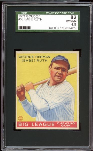 1933 Goudey #53 Babe Ruth SGC 82 EX/NM+ 6.5