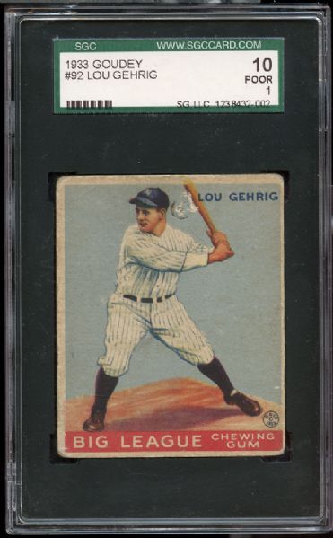 1933 Goudey #92 Lou Gehrig SGC 10 POOR 1