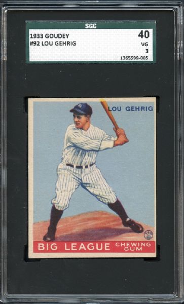 1933 Goudey #92 Lou Gehrig SGC 40 VG 3