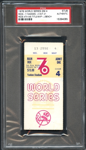 1976 World Series Game 4 Reds vs Yankees Ticket Stub PSA Authentic