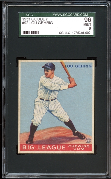 Extraordinary 1933 Goudey #92 Lou Gehrig SGC 96 MINT 9