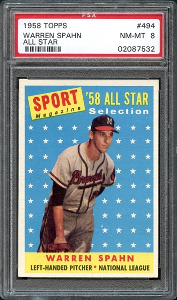1958 Topps #494 Warren Spahn All Star PSA 8 NM/MT