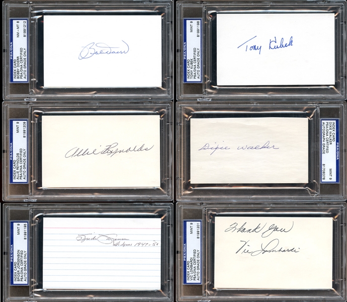 Autographed 3x5 Index Card and Postcard Group of (19) With Stars and HOFers All PSA/DNA Graded