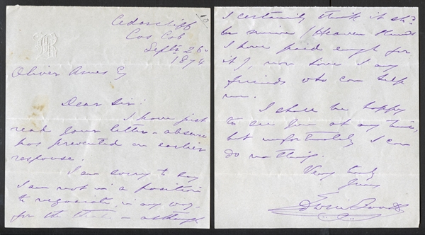 Edwin Booth (Brother of John Wilkes Booth) Signed Handwritten Letter Dated 1874 LOA JSA