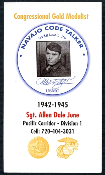 Navajo Code Talker Allen June Card Signed on Back