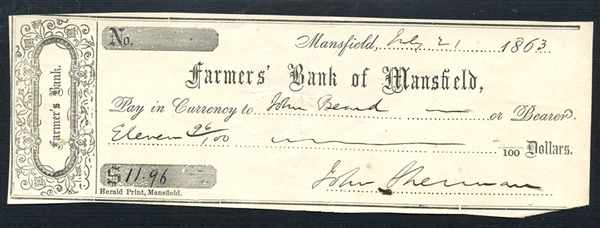 1863 U. S. Secretary of State John Sherman Signed Check
