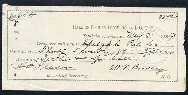 1889 Tombstone Arizona Signed Check