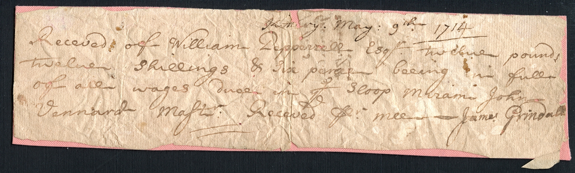 1714 Wage Receipt From William Pepperrell Signed by James Grindal 