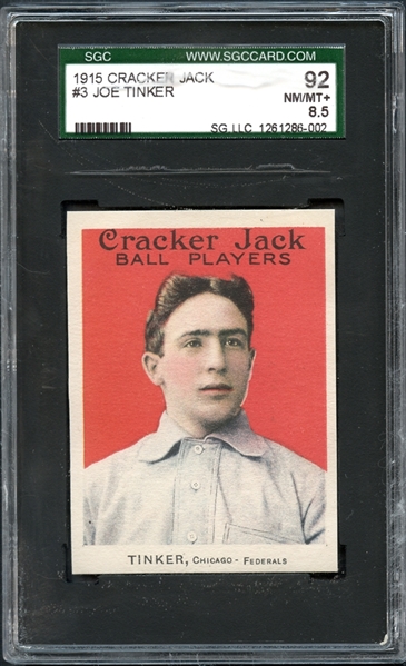 1915 Cracker Jack #3 Joe Tinker SGC 92 NM/MT+ 8.5