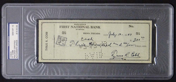Ty Cobb Signed and Cancelled Bank Check PSA/DNA 10 GEM MINT