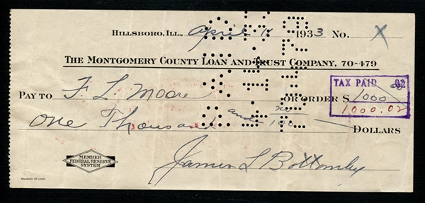 Jim Bottomley Signed and Cancelled Bank Check