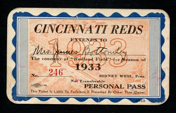 1933 Cincinnati Reds Season Pass Extended to Mrs. James Bottomley Signed by Jim Bottomley