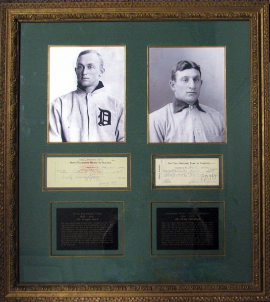 Ty Cobb and Honus Wagner Signed and Cancelled Bank Checks in Framed Display