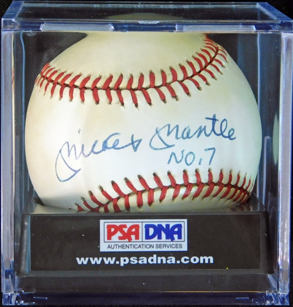 Mickey Mantle No. 7 Single-Signed OAL (Brown) Ball PSA/DNA 7.5