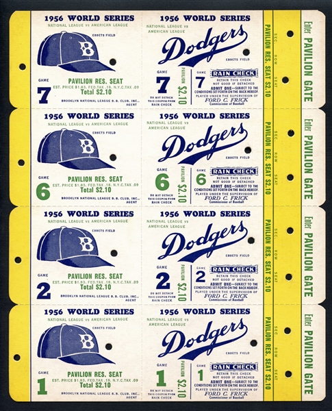 1956 Brooklyn Dodgers World Series Sample Tickets Complete Panel