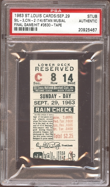 1963 St. Louis Cardinals Ticket Stub Stan Musial Final Game and Hit #3630 PSA AUTHENTIC