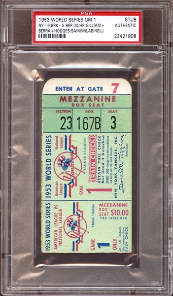 1953 World Series Game 1 Ticket Stub Gilliam/Berra/Hodges Home Runs PSA AUTHENTIC