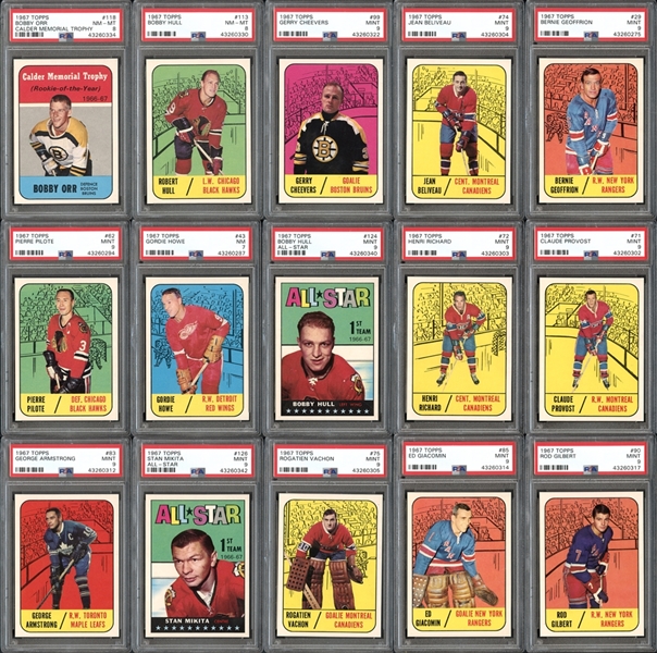 Exceptionally High Grade 1967 Topps Nearly Complete (131/132) Hockey Set With Many PSA Graded 