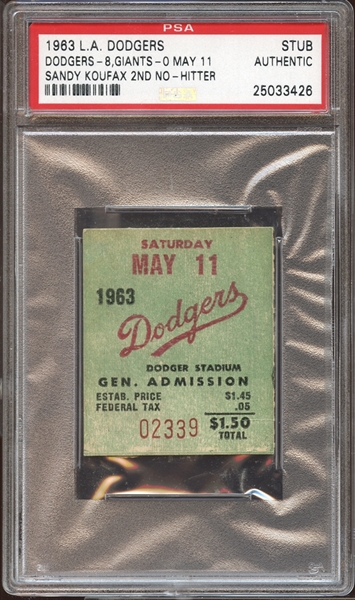 1963 Los Angeles Dodgers Ticket Stub Sandy Koufax 2nd No-Hitter PSA AUTHENTIC 