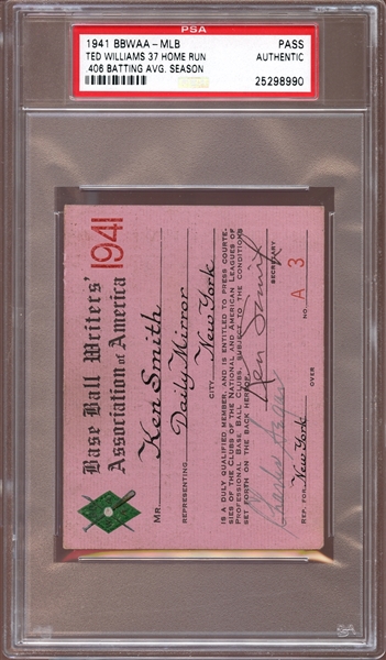 1941 BBWAA MLB Press Pass PSA AUTHENTIC