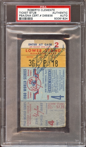 1960 Roberto Clemente Autographed World Series Game 4 Ticket Stub PSA AUTHENTIC