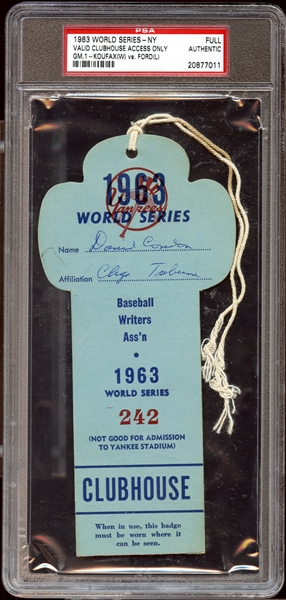 1963 World Series New York Clubhouse Press Pass PSA AUTHENTIC