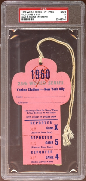 1960 World Series New York Press Pass Stub Game 3 Mantle Home Run PSA 5 EX