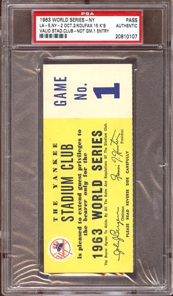1963 World Series Yankee Stadium Club Pass PSA AUTHENTIC