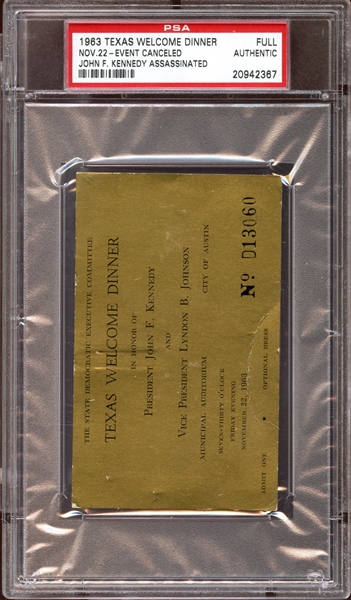 1963 Texas Welcome Dinner Full Ticket-Event Cancelled-Kennedy Assassinated PSA AUTHENTIC