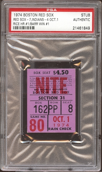 1974 Boston Red Sox Ticket Stub Jim Rice First Home Run PSA AUTHENTIC