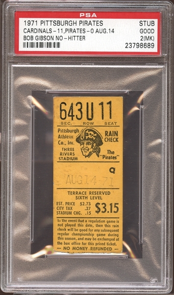 1971 Pittsburgh Pirates Ticket Stub Bob Gibson No-Hitter PSA 2 GOOD (MK)
