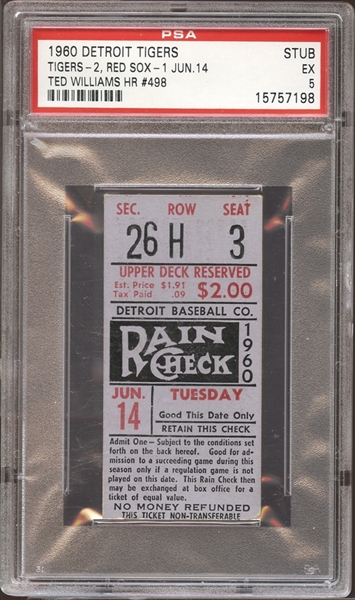 1960 Detroit Tigers Ticket Stub Ted Williams Home Run #498 PSA 5 EX
