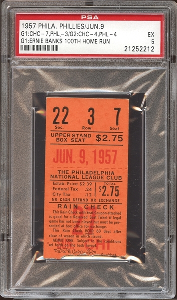 1957 Philadelphia Phillies Ticket Stub Ernie Banks 100th Home Run PSA AUTHENTIC